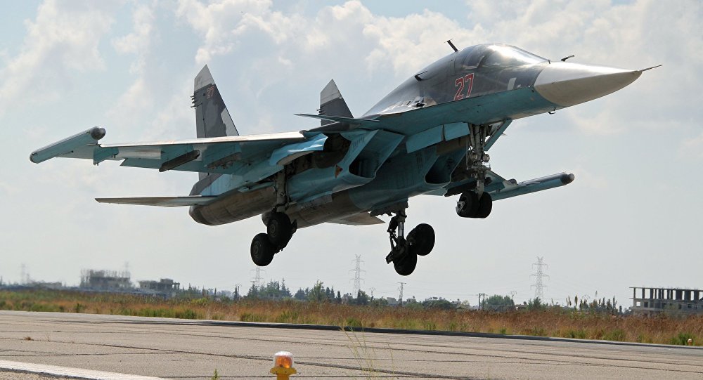 The Su-34 lands at Latakia airport, Syria. file photo