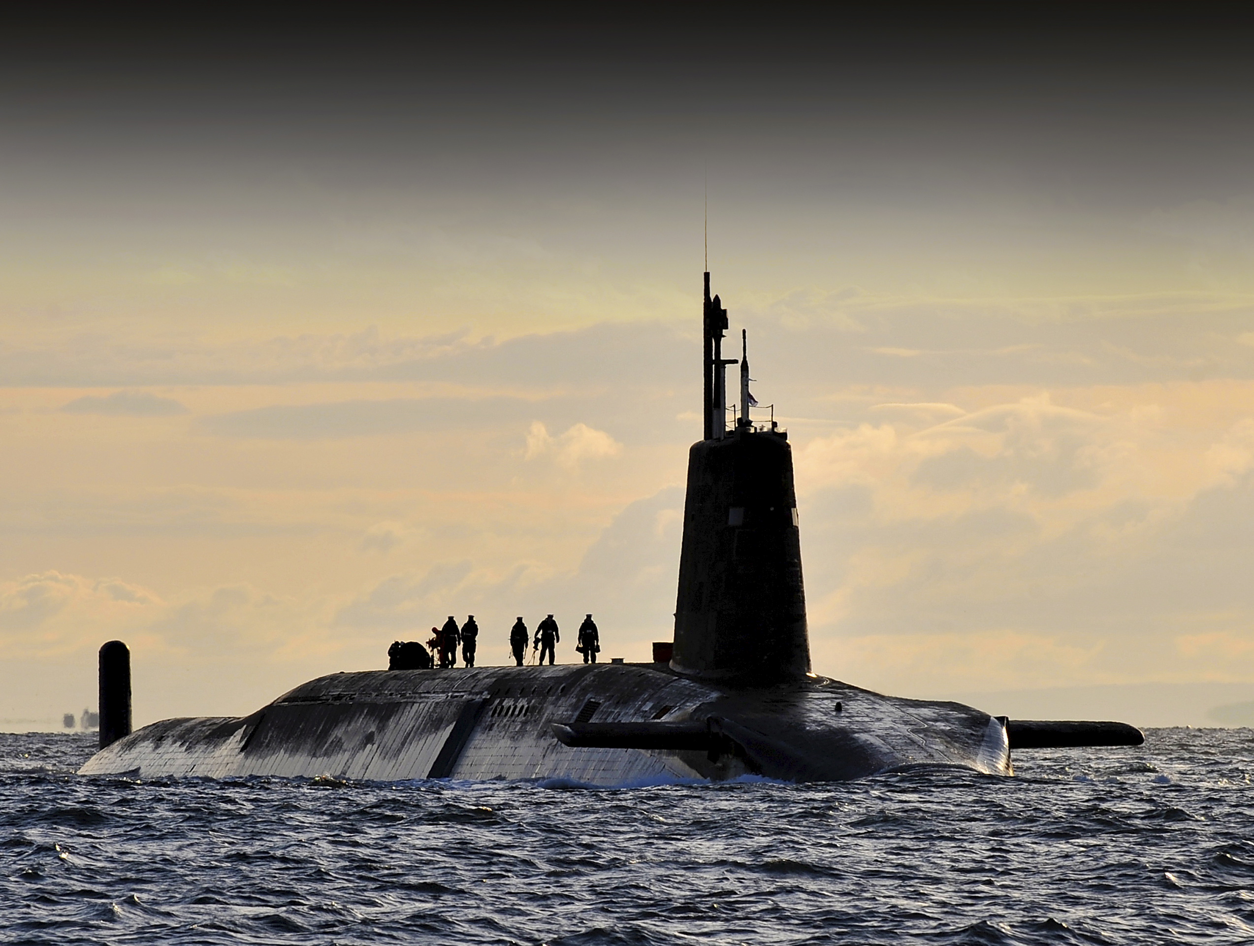 Nuclear submarine HMS Vanguard arrives back at HM Naval Base Clyde, Faslane, Scotland following a patrol.