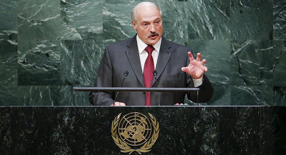 O presidente da Bielorrússia, Aleksandr Lukashenko, durante a sua intervenção na Assambleia Geral da ONU