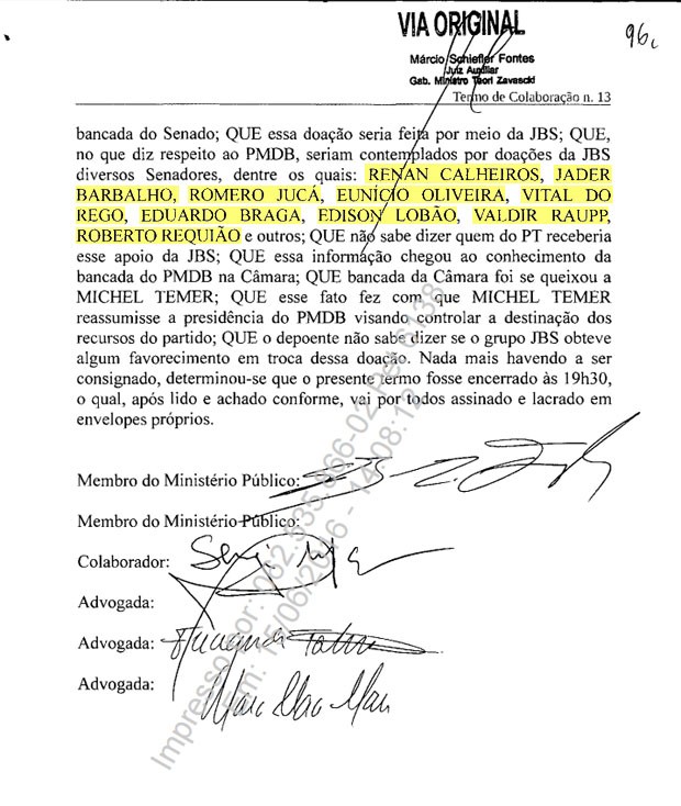 Delação de Sérgio Machado cita nomes de supostos beneficiários de doações da JBS: 'Renan Calheiros, Jader Barbalho, Romero Jucá, Eunício Oliveira, Vital do Rego, Eduardo Braga, Edison Lobão, Valdir Raupp, Roberto Requião e outros' (Foto: Reprodução)