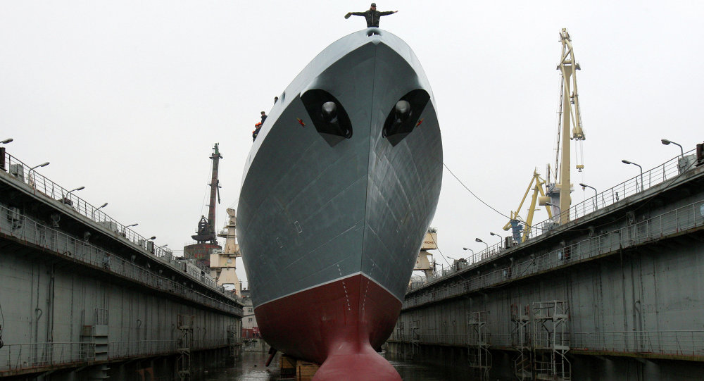 Photo taken on October 29, 2010 shows the Admiral Sergey Gorshkov frigate during a launching ceremony at the Severnaya Verf shipyard in St Petersburg