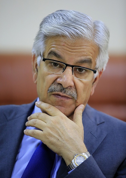 ISLAMABAD, PAKISTAN - FEBRUARY 16: Pakistani Defence Minister Khawaja Muhammad Asif speaks to media in Islamabad, Pakistan, on February 16, 2015. (Photo by Metin Aktas/Anadolu Agency/Getty Images)