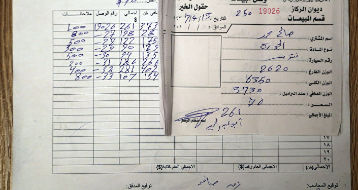 Documento com dados sobre a venda de petróleo do Daesh em toneladas, produzido no campo petrolífero de Kabiba, al-Shadaddi, Síria, março de 2016