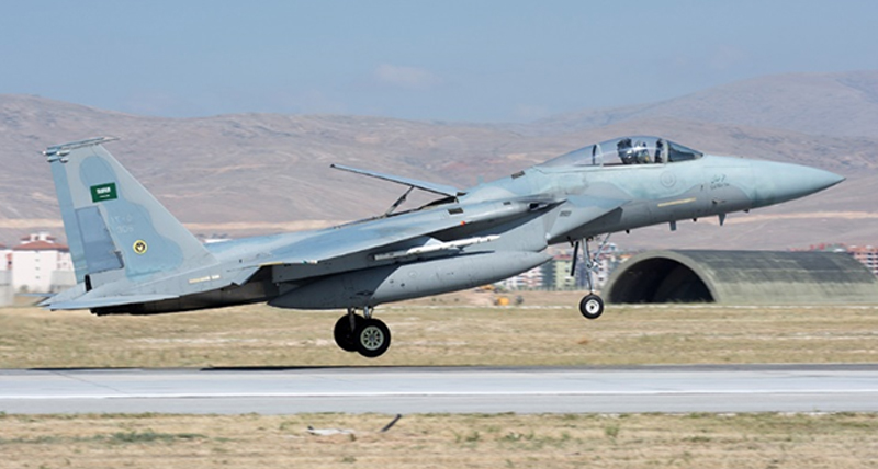 RSAF F-15C landing at an airbase in Saudi Arabia.