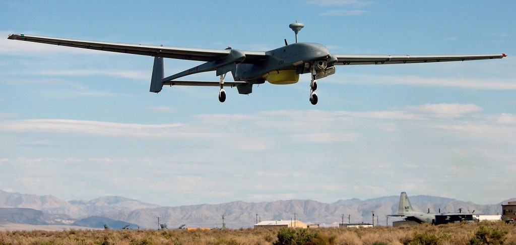 A Hunter Joint Tactical Unmanned Aerial Vehicle (UAV) in flight during a Combat Search and Rescue (CSAR) training exercise at Fallon Naval Air Station (NAS), Nevada (NV), during exercise DESERT RESCUE XI. The Hunter is an Israeli multi-role short-range UAV system in service with the US Army (USA). The exercise is a joint service Combat Search and Rescue (CSAR) training exercise hosted by the Naval Strike and Warfare Center, designed to simulate downed aircrews, enabling CSAR related missions to experiment with new techniques in realistic scenarios.