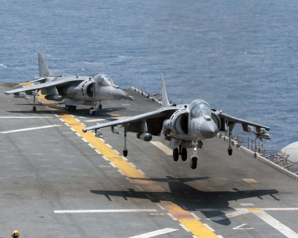 070522-M-3095K-100 ATLANTIC OCEAN (May 22, 2007) - An AV-8B Harrier II, with Marine Medium Helicopter Squadron (HMM) 261 (Reinforced), readies to touch down aboard USS Kearsarge during a composite unit training exercise. HMM-261 is scheduled to deploy as the aviation combat element for the 22nd Marine Expeditionary Unit later this year. U.S. Marine Corps photo by Sgt. Ezekiel R. Kitandwe (RELEASED)