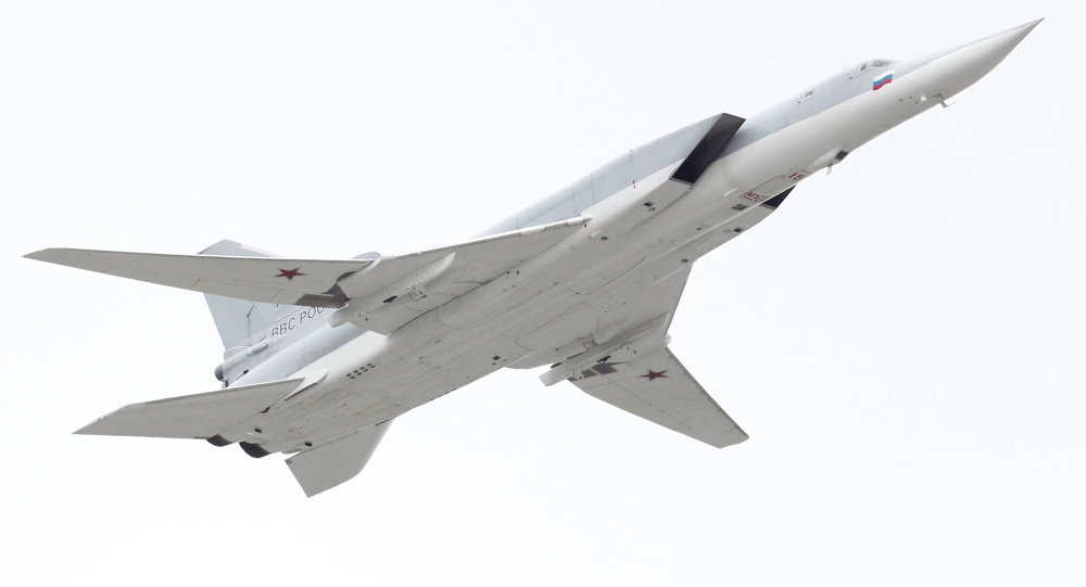 A Tu-22M3 supersonic strategic bomber and missile carrier taking part in the dress rehearsal of the Victory Parade in Red Square in Moscow