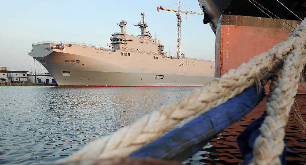 A picture taken on September 7, 2014 in Saint-Nazaire, western France, shows the Vladivostok warship, a Mistral class LHD amphibious vessel ordered by Russia to the STX France shipyard