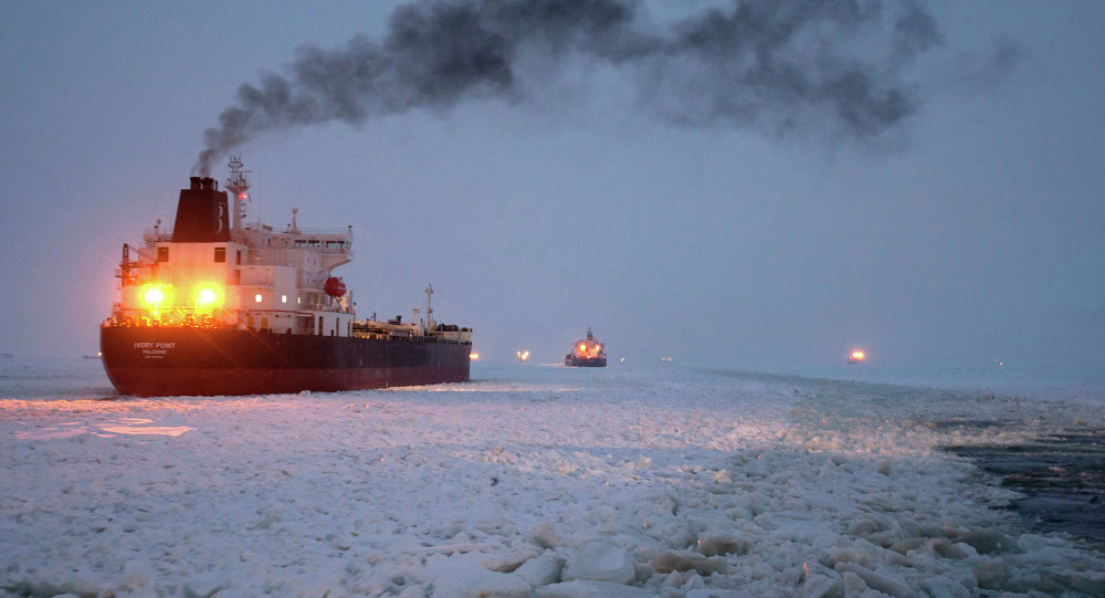 Vaigach nuclear icebreaker leading ships through Gulf of Finland