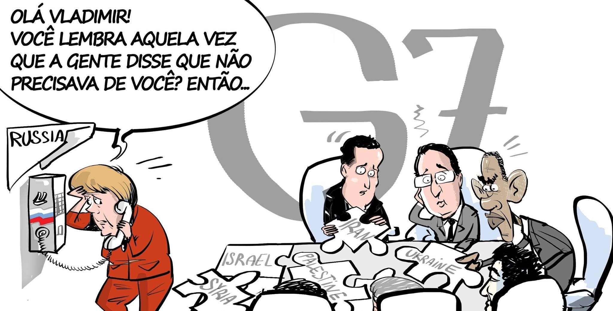 Charge ironizando lamento de Merkel por ausência da Rússia no G7