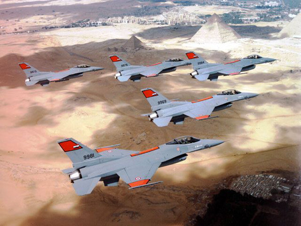 A five-ship formation of Egyptian AF F-16C Block 40s