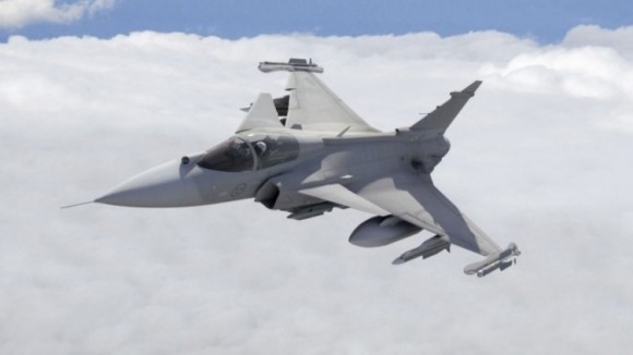 Concepção artística Gripen E nas cores da Suécia - imagem Saab